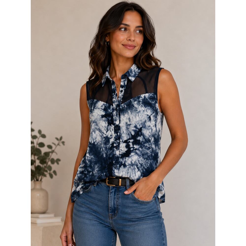 Staring At Stars Sleeveless Blue Tie-Dye Sheer Panel Button Top S